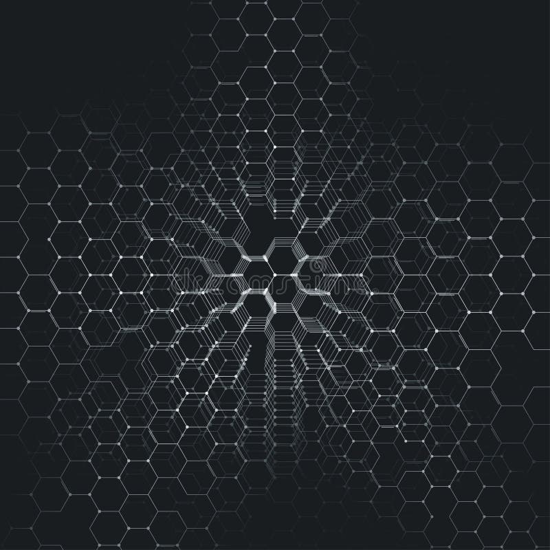 Chemie 3D patroon, hexagonale moleculestructuur bij het zwarte, wetenschappelijke medische onderzoek royalty-vrije illustratie Chemie 3D patroon, hexagonale moleculestructuur bij het zwarte, wetenschappelijke medische onderzoek royalty-vrije illustratie