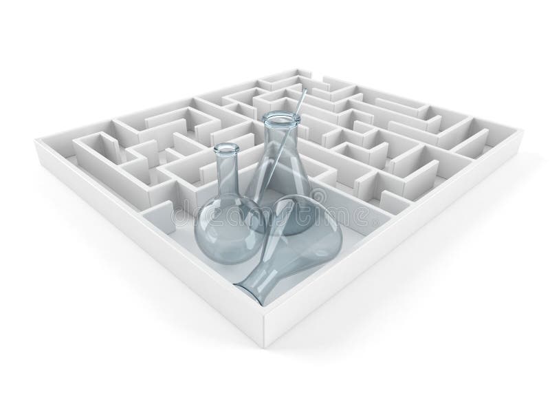 Chemieflaschen innerhalb des Labyrinths isoliert auf weißem Hintergrund Abbildung 3d