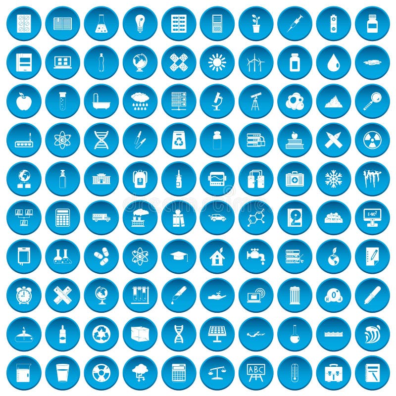 100 chemistry icons set in blue circle isolated on white vector illustration. 100 chemistry icons set in blue circle isolated on white vector illustration