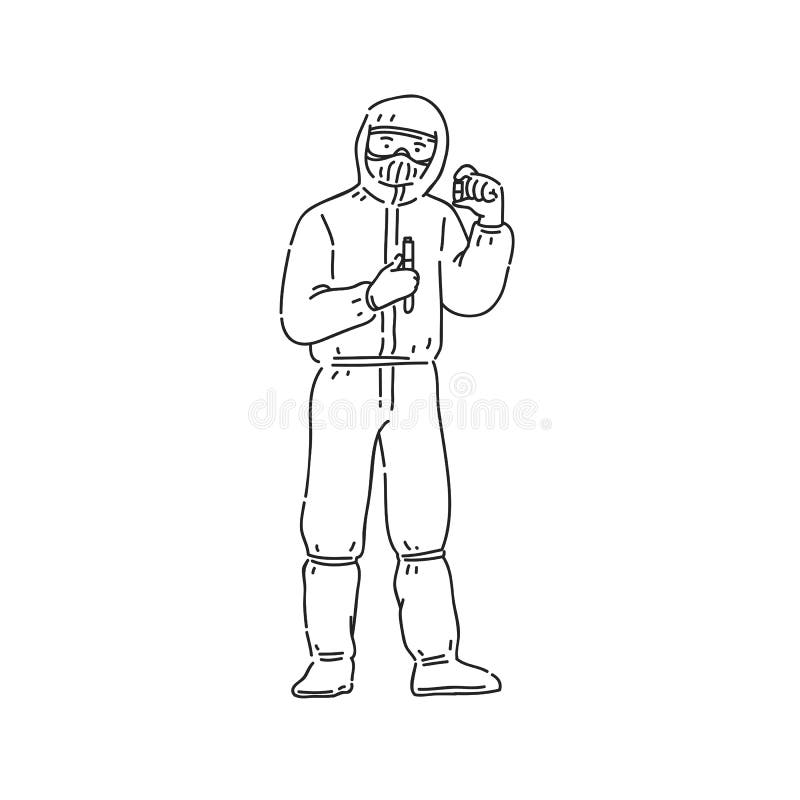Chemika mężczyzna w fachowym ochrona mundurze Kreskowej sztuki stylu charakteru wektorowa czarna bia?a odosobniona ilustracja ilustracji Chemika mężczyzna w fachowym ochrona mundurze Kreskowej sztuki stylu charakteru wektorowa czarna bia?a odosobniona ilustracja ilustracji