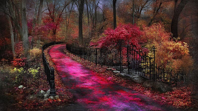 Chemin d'automne feuilles vibrantes porte jardin forêt arrière-plan fantastique design photo libre de droits