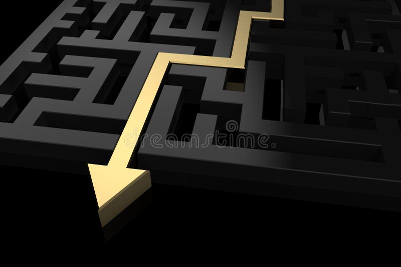 Chemin d'or montrant la sortie du labyrinthe illustration stock Chemin d'or montrant la sortie du labyrinthe illustration stock