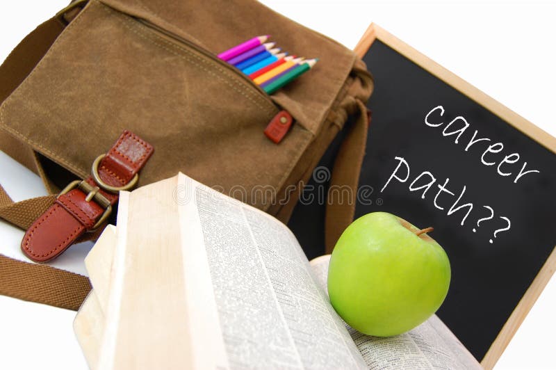 Satchel and books next to a blackboard with the words career path. Satchel and books next to a blackboard with the words career path