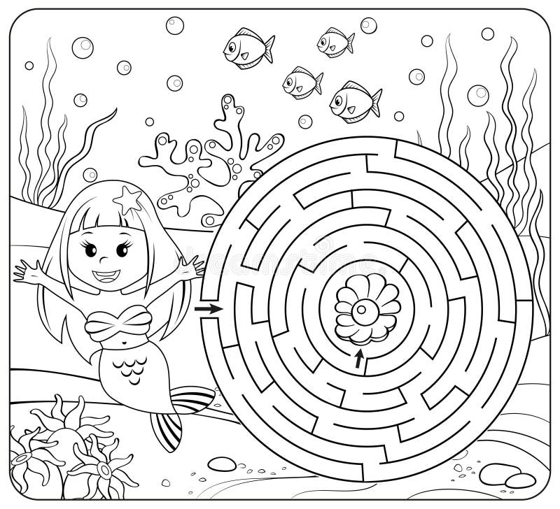 Chemin de découverte de sirène d'aide à perler labyrinthe Jeu de labyrinthe pour des gosses Page de coloration illustration libre de droits Chemin de découverte de sirène d'aide à perler labyrinthe Jeu de labyrinthe pour des gosses Page de coloration illustration libre de droits