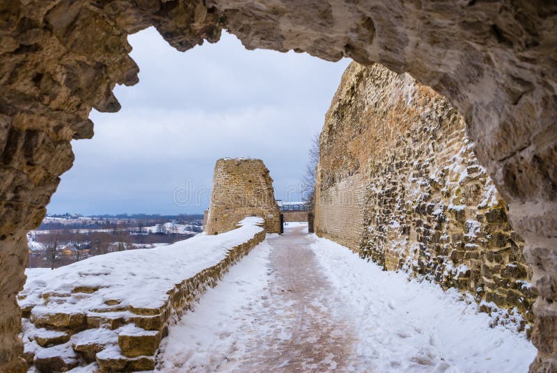 Chemin de ronde and tower in winter scene stock photos Chemin de ronde and tower in winter scene stock photos