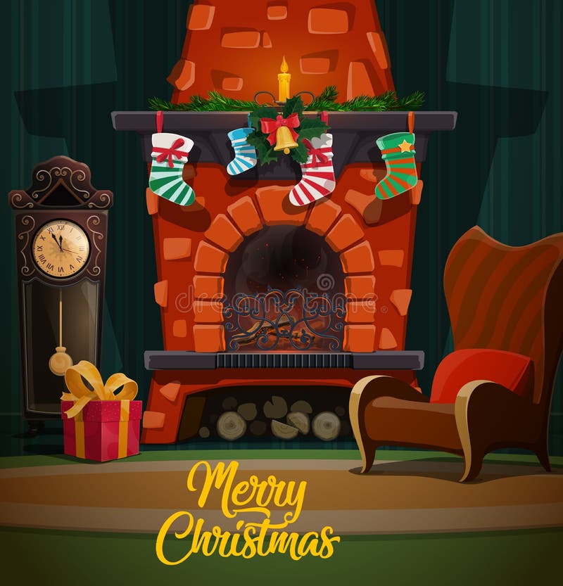 Christmas fireplace in room interior with Xmas and New Year winter holidays gifts, Santa stockings and fir tree garland, chairs, clock and candle, holly and bell. Merry Christmas vector design. Christmas fireplace in room interior with Xmas and New Year winter holidays gifts, Santa stockings and fir tree garland, chairs, clock and candle, holly and bell. Merry Christmas vector design