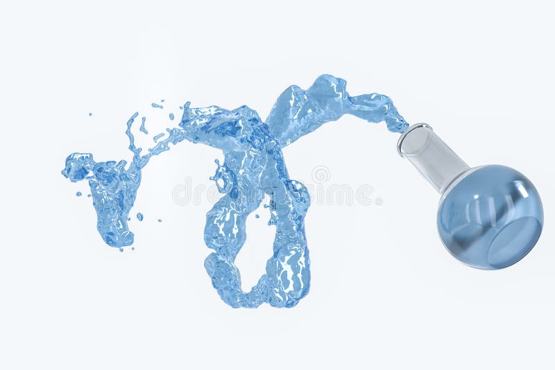 Chemische materiaalfles en het bespatten het vloeibare, 3d teruggeven stock illustratie Chemische materiaalfles en het bespatten het vloeibare, 3d teruggeven stock illustratie