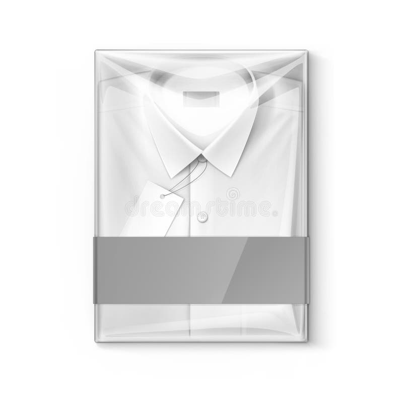 Chemise classique blanche d'hommes avec le label dans la boîte transparente d'emballage illustration stock