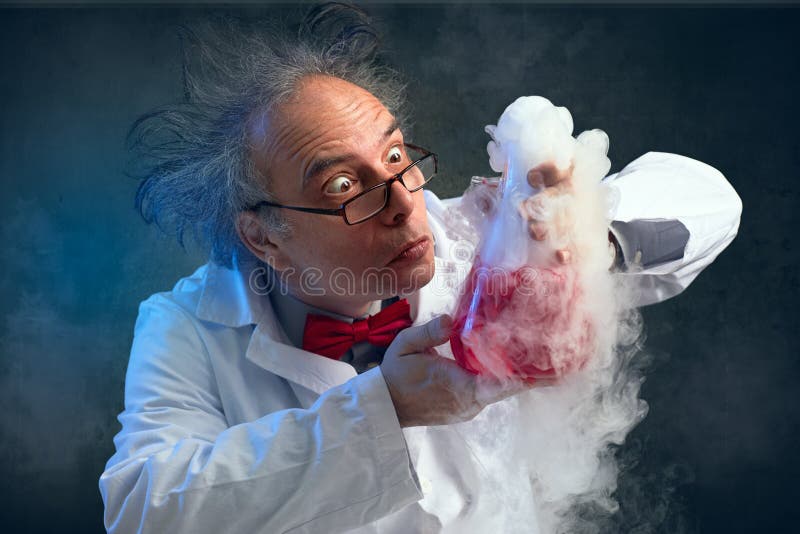 Crazy chemist smelling his experiment