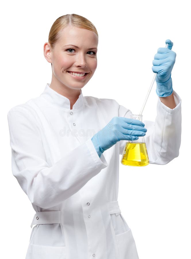 Chemist Pours Something To the Liquid in the Flask Stock Image Image
