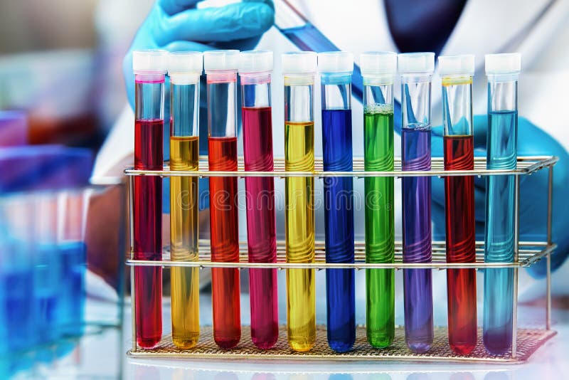 Chemist working with tray of test tube in the research laboratory royalty free stock image