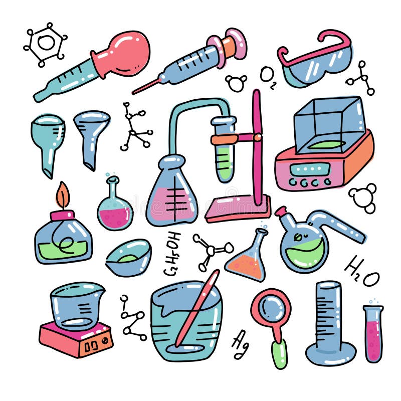 Chemistry decorative color hand drawn icons set with chemical lab scientific experiment equipment isolated vector illustration. stock illustration Chemistry decorative color hand drawn icons set with chemical lab scientific experiment equipment isolated vector illustration. stock illustration