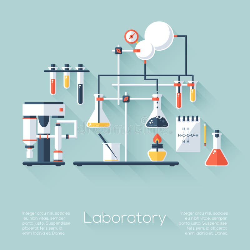Chemistry education research laboratory equipment. Flat style with long shadows. Modern trendy design.