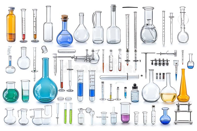 This image has been Generated by Generative Ai. A detailed illustration of various laboratory glassware and equipment, including beakers, flasks, test tubes, graduated cylinders, pipettes, and more, all arranged on a white background. Erlenmeyer flask burette illustrations