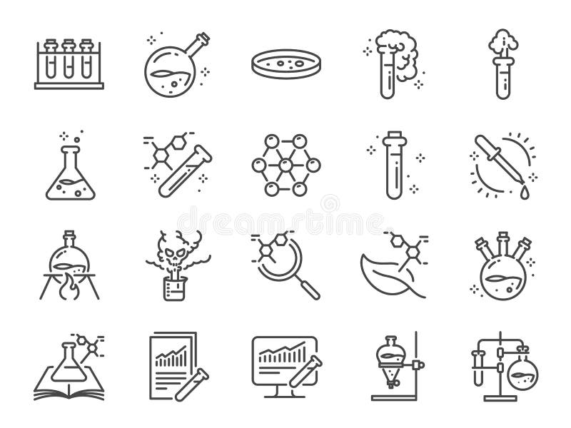 Chemistry lab icon set. Included icons as Chemical, formula, Medical analysis, Laboratory test flask, experiment and more.