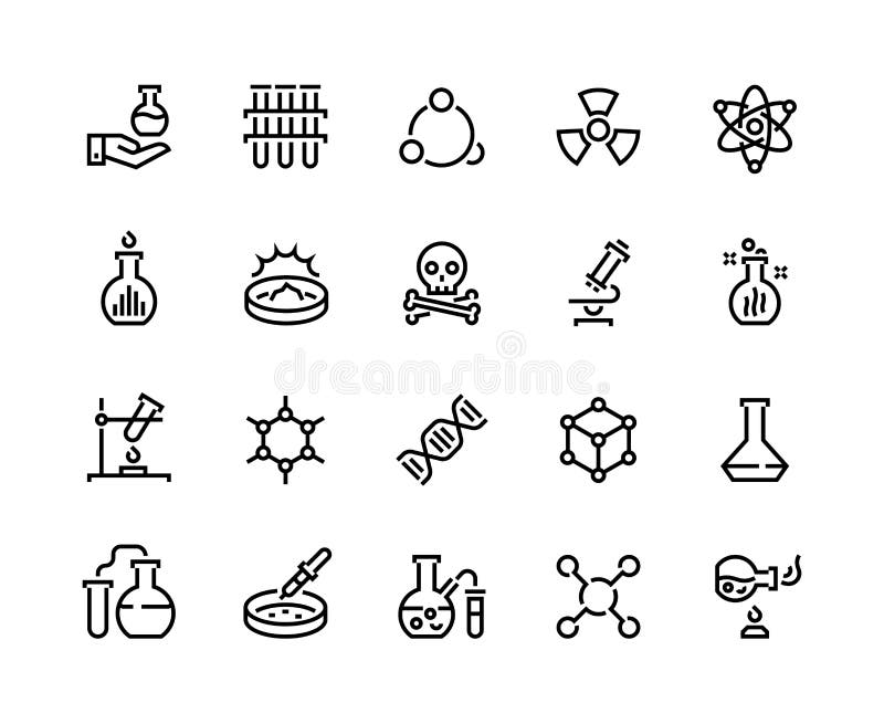 Chemistry line icons. Laboratory equipment and chemical reactions, medical tube flask and beaker. Vector science and