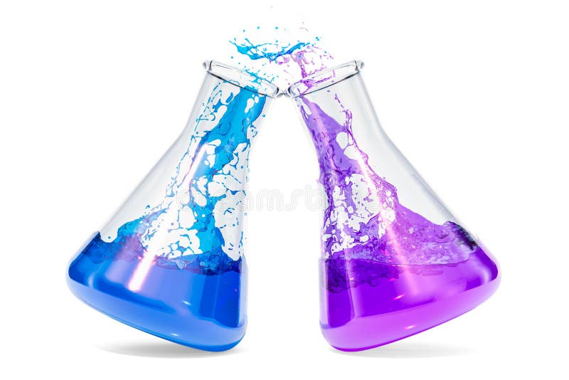 Chemistry of love concept. Set of flasks with pink and blue liquid, 3D rendering