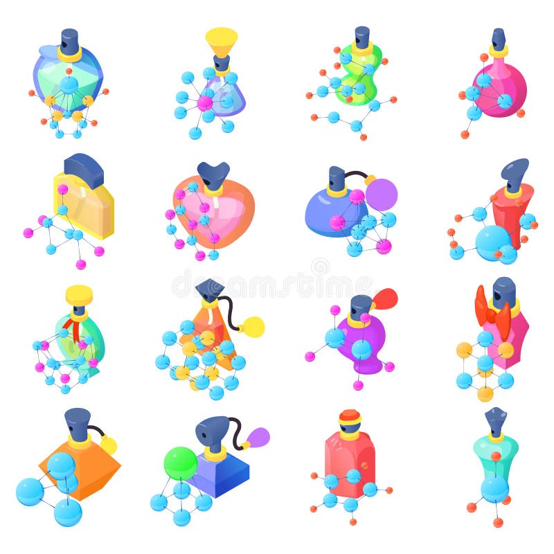 Chemistry of perfume icons set, isometric style