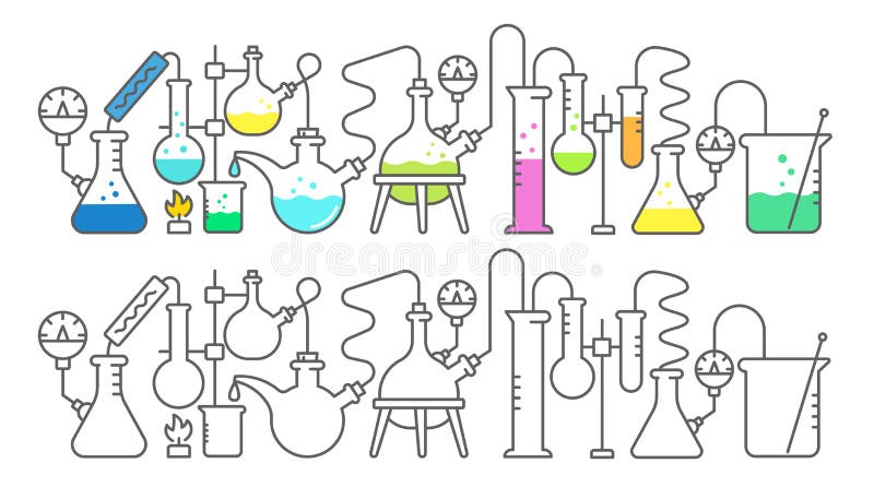 Chemistry science. Education lab. Bright colored chemicals substances. Laboratory research experiments. Medical tests royalty free illustration Chemistry science. Education lab. Bright colored chemicals substances. Laboratory research experiments. Medical tests royalty free illustration