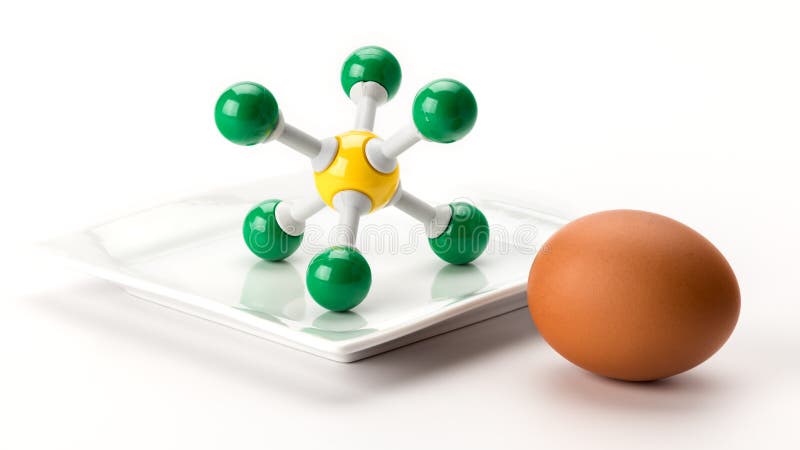 Sulfur molecule model and a brown round egg stock photo Sulfur molecule model and a brown round egg stock photo
