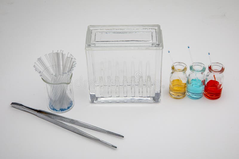 Chemistry of thin layer chromatography with plate, solvent and samples. TLC separation chamber for aluminium plates and