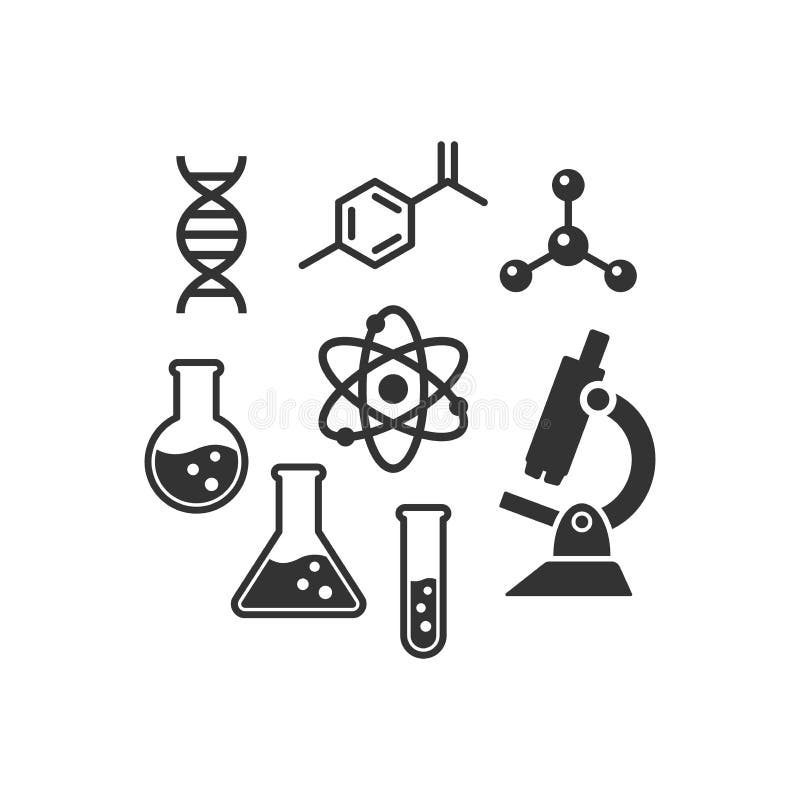 Chemistry vector icon set. Black isolated laboratory science icons.