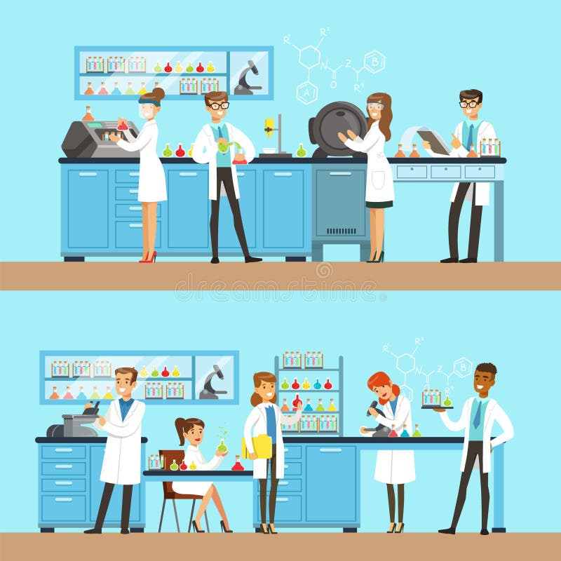 Chemists In The Chemical Research Laboratory Doing Experiments And Running Chemical Tests stock illustration Chemists In The Chemical Research Laboratory Doing Experiments And Running Chemical Tests stock illustration