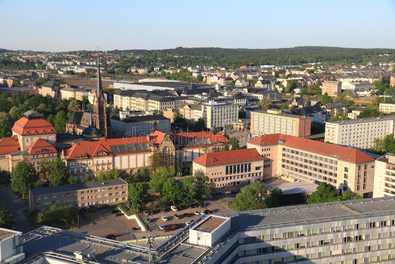 Chemnitz city in Germany (State of Saxony). Aerial view in warm sunset light. Chemnitz city in Germany (State of Saxony). Aerial view in warm sunset light.