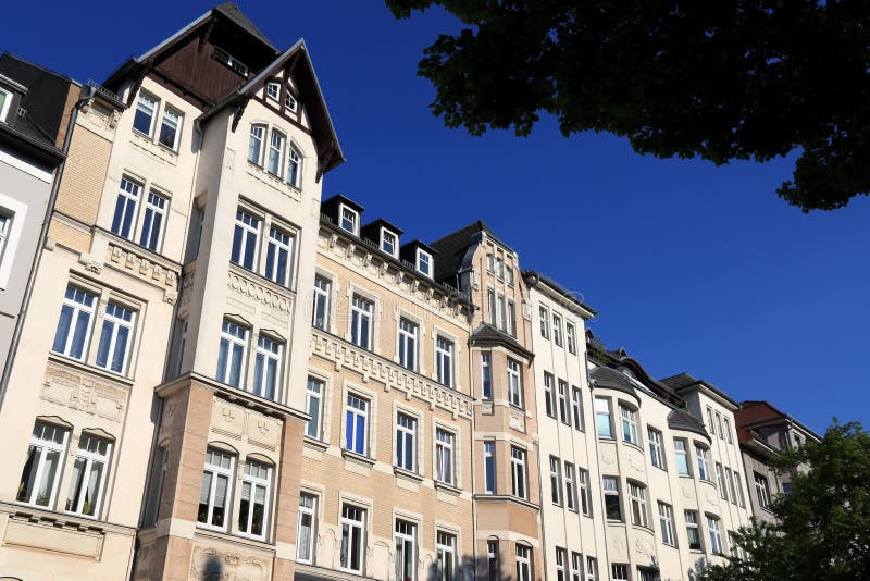 Chemnitz city - street view of residential architecture in Germany. Apartment buildings of Kassberg district. Chemnitz city - street view of residential architecture in Germany. Apartment buildings of Kassberg district