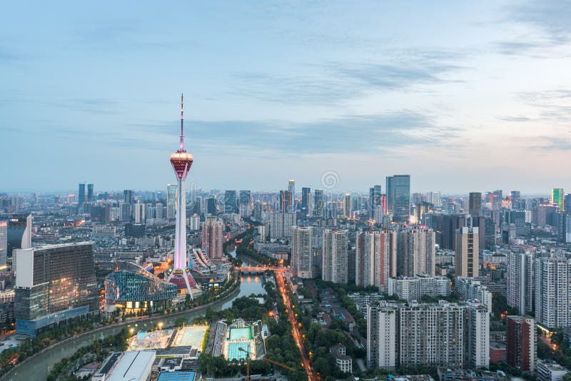 Chengdu skyline aerial view with Sichuan TV tower at dusk
