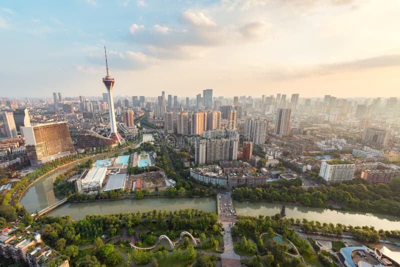 Chengdu TV Tower aerial view in daylight