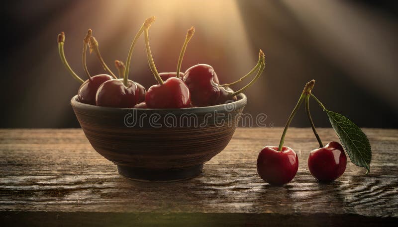 Cherries in a bowl on a wooden table. Freshly harvested cherries in a bowl on a wooden table royalty free illustration