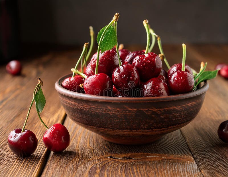 Cherries in a bowl on a wooden table. Freshly harvested cherries in a bowl on a wooden table royalty free illustration