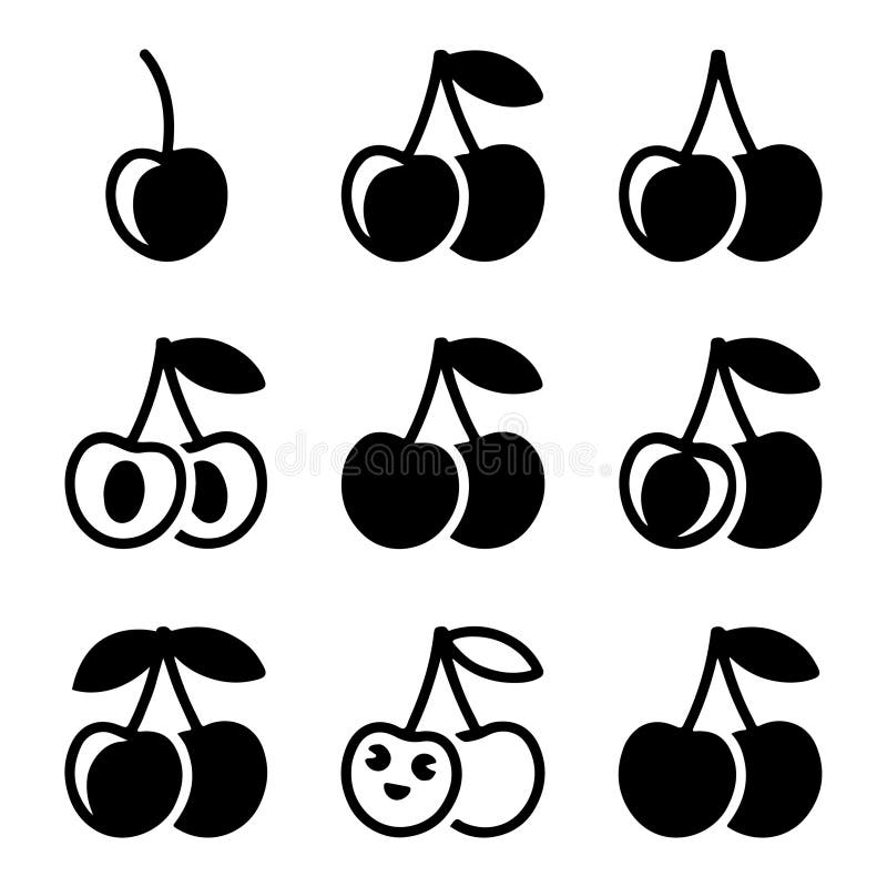 Cherries Icon Set Collection. Einfache Schwarz-Weiß-Kirsche-Symbole mit Variationen. lizenzfreie abbildung