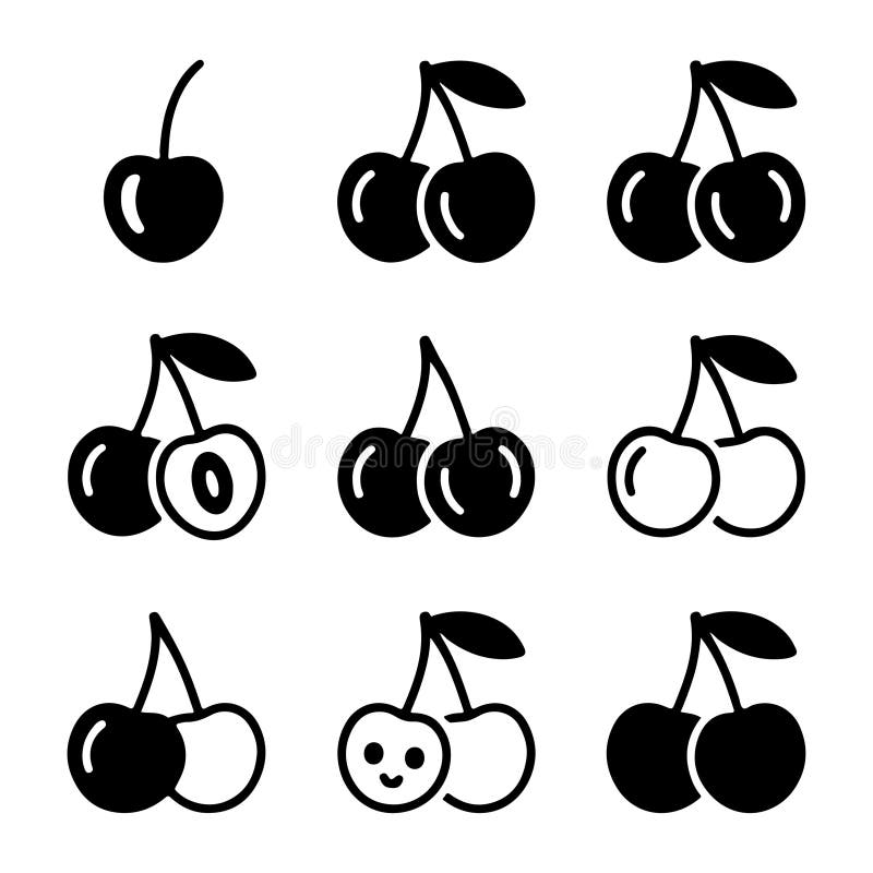 Cherries Icon Set Collection. Einfache Schwarz-Weiß-Kirsche-Symbole mit Variationen. vektor abbildung