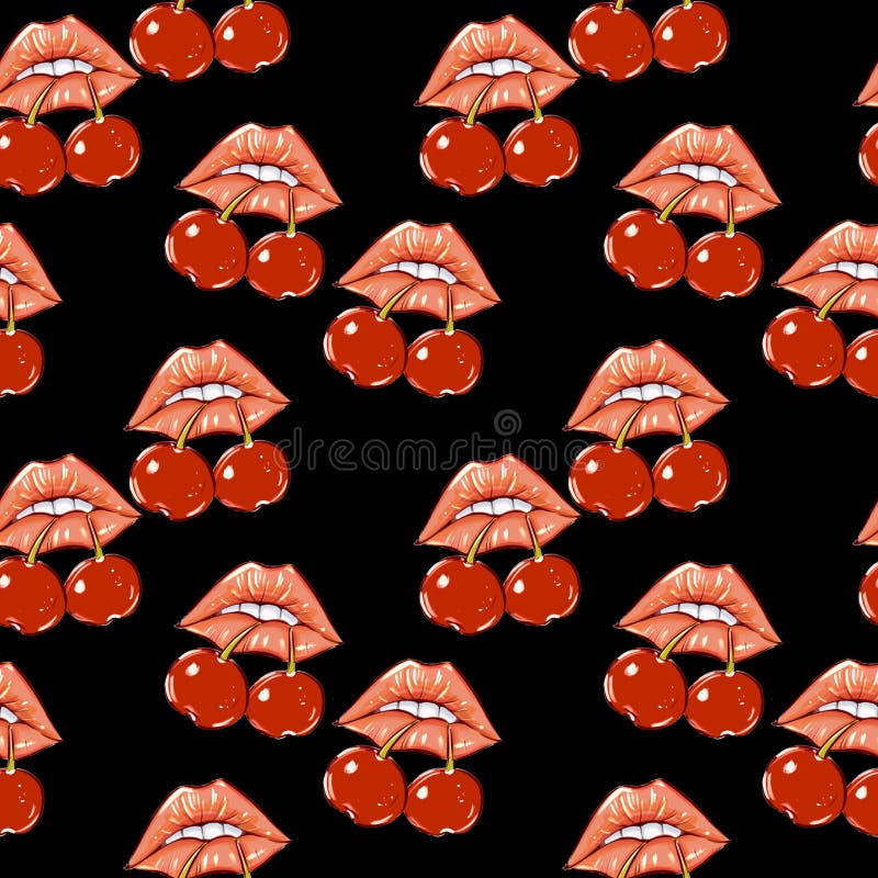 Cherries and lips seamless pattern. Sweets and yummies. Colorful wallpaper stock illustration