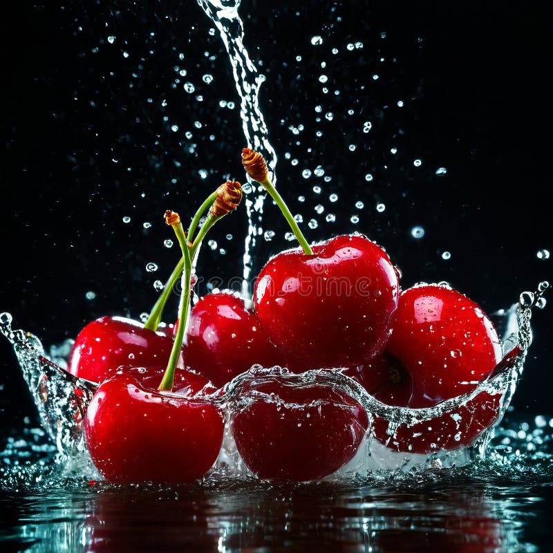 Splash Water Cherries Vivid Red Cherries Bursting through a Splash of Cool Water Each Droplet