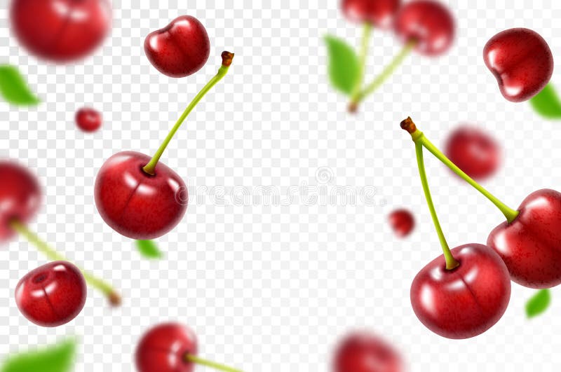 Cherry Background. Flying Berries with Blurry Effect. Red Cherries