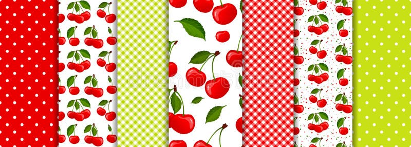 Cherry berry and spring geometric seamless patterns set vector vector illustration Cherry berry and spring geometric seamless patterns set vector vector illustration