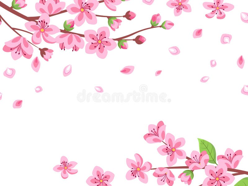 Cherry blossom. Floral sakura branches. Spring japan romantic flying petals. Pink flower bloom garden, cartoon oriental