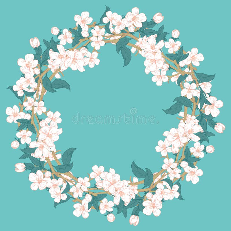 Cherry blossom round pattern on blue turquoise background vector illustration