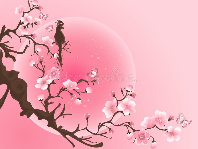 Cherry Blossom Tree With Bird. Japanese Vector Art Stock ...