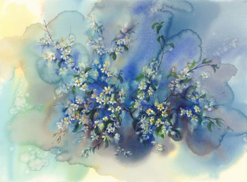 Cherry branches in bloom watercolor blue background