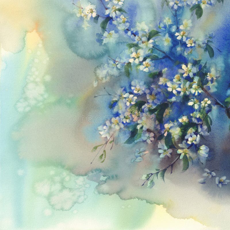 Cherry branches in bloom watercolor blue background