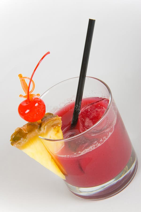 Cocktail With Pineapple, Cherry Garnish And Straw Stock Photo Image