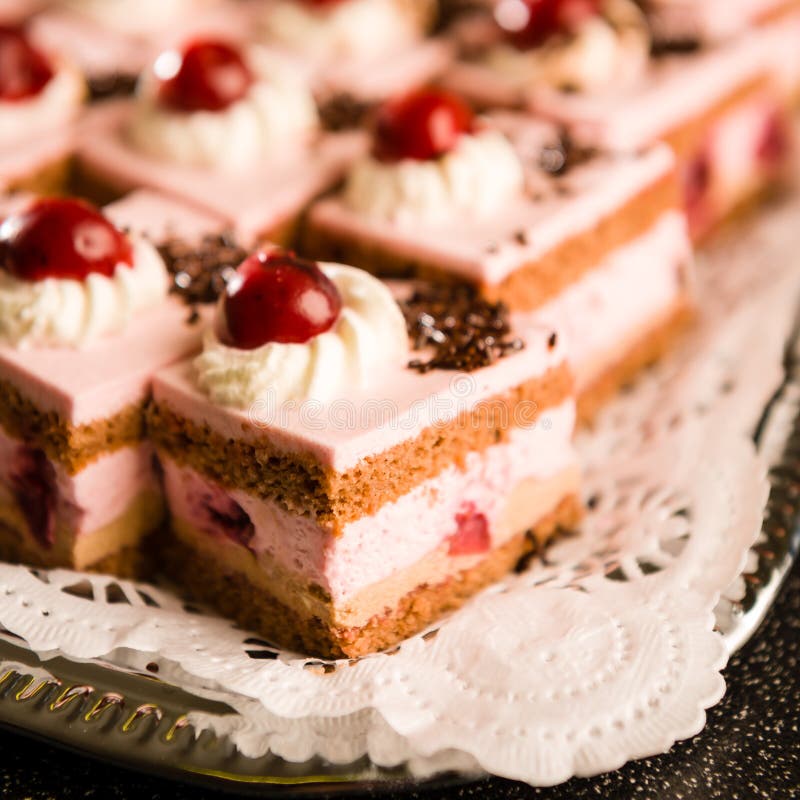 Cherry Cream Filled Sponge Cakes with Topping Stock Photo Image of