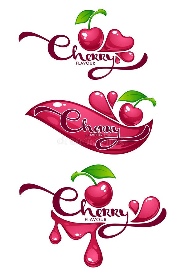 Cherry Flavour, vector collection of shine and glossy juice stickers and cherry berry symbols for your text