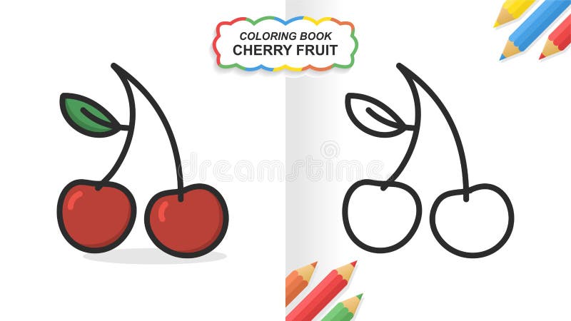 Cherry Fruit Hand Drawn Coloring Book for Learning. Flat Color Ready To