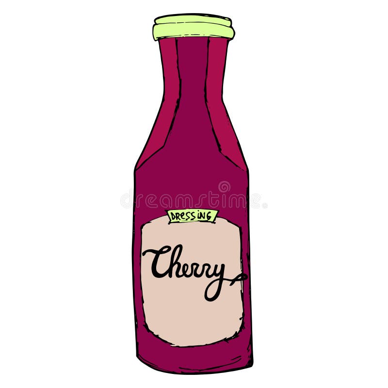 Cherry Jam Bottle with Splashes. Sweet Cherry Syrup Jar. Hand Dr Stock