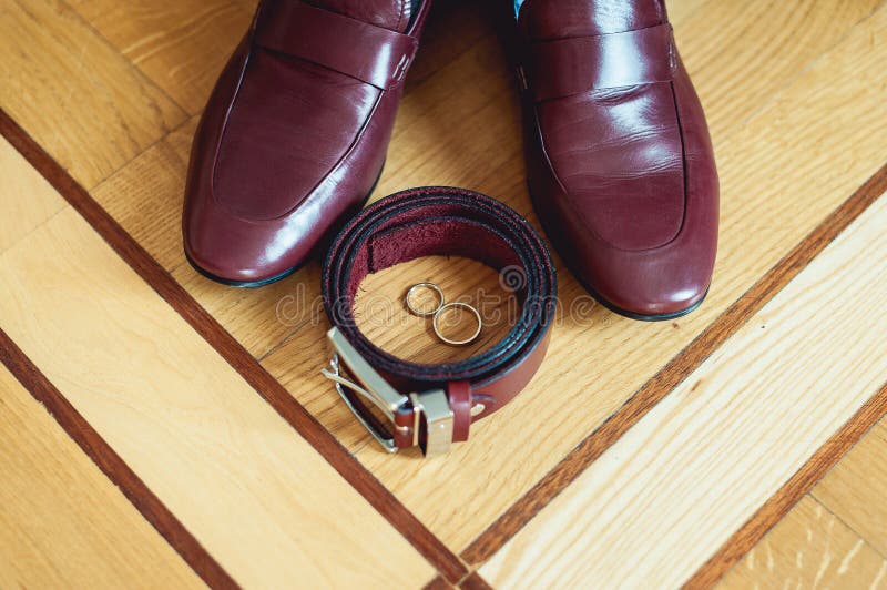 Cherry Men`s Shoes, Belt and Wedding Rings in a Box. Groom`s ...